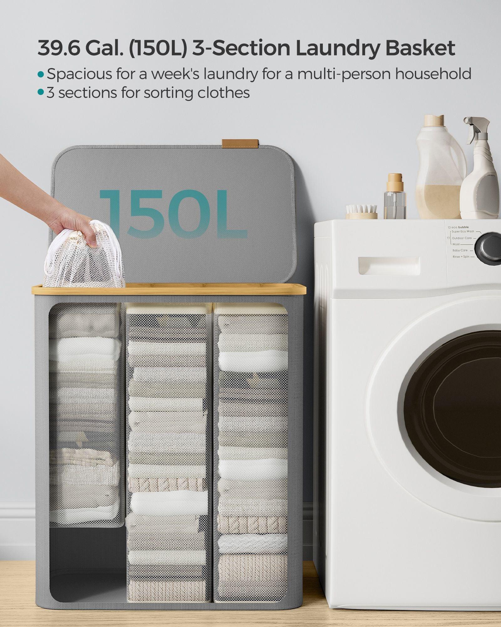 150L 3-Section Large Laundry Hamper with Lid Dove Gray FredCo