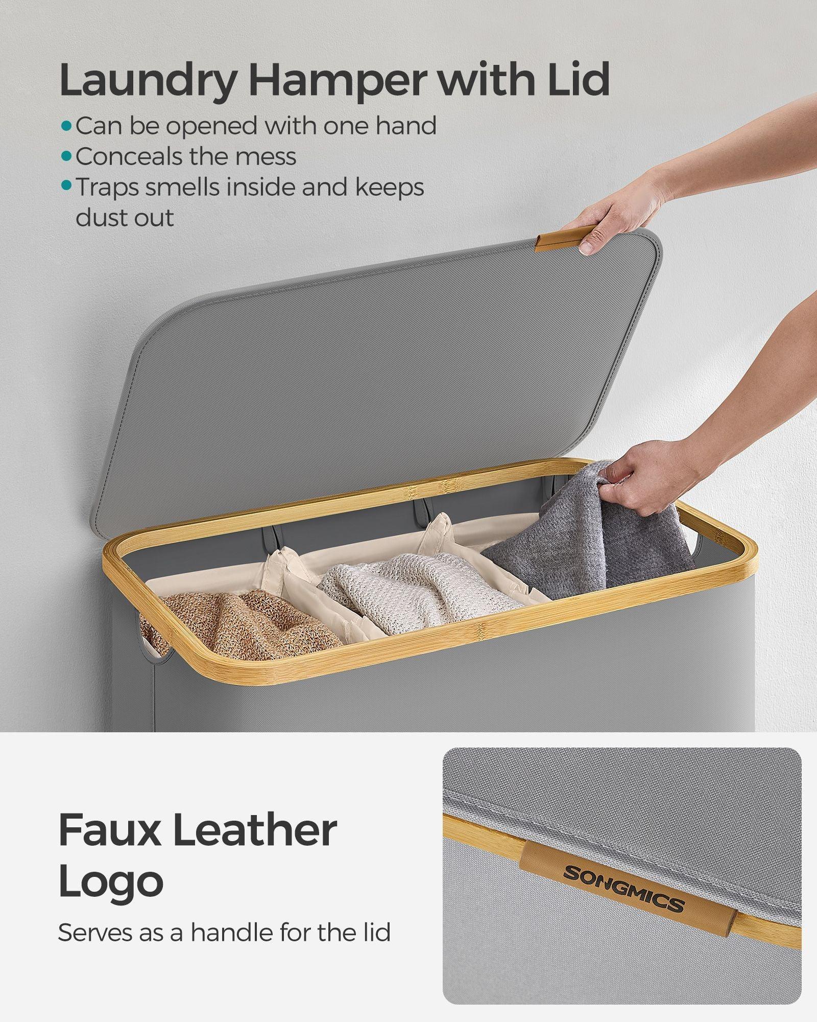 150L 3-Section Large Laundry Hamper with Lid Dove Gray FredCo