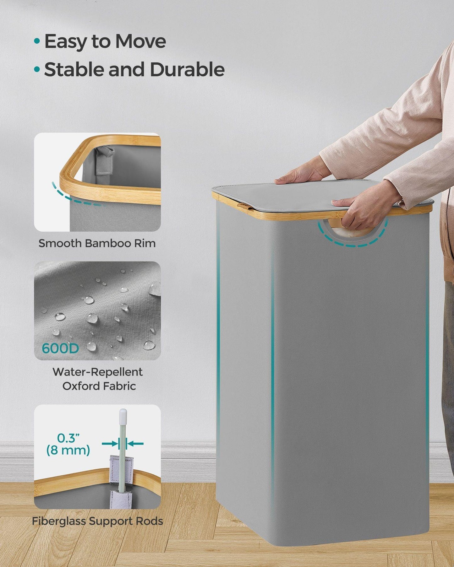 150L 3-Section Large Laundry Hamper with Lid Dove Gray FredCo