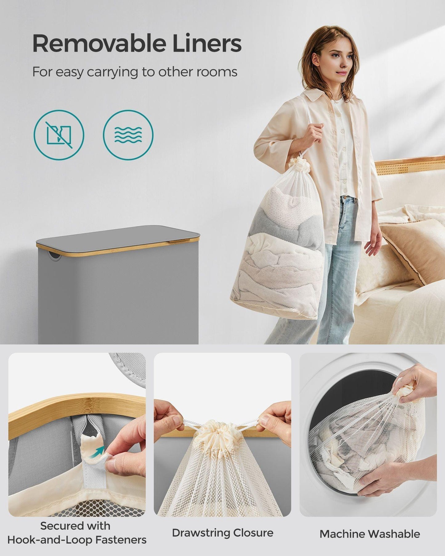 150L 3-Section Large Laundry Hamper with Lid Dove Gray FredCo