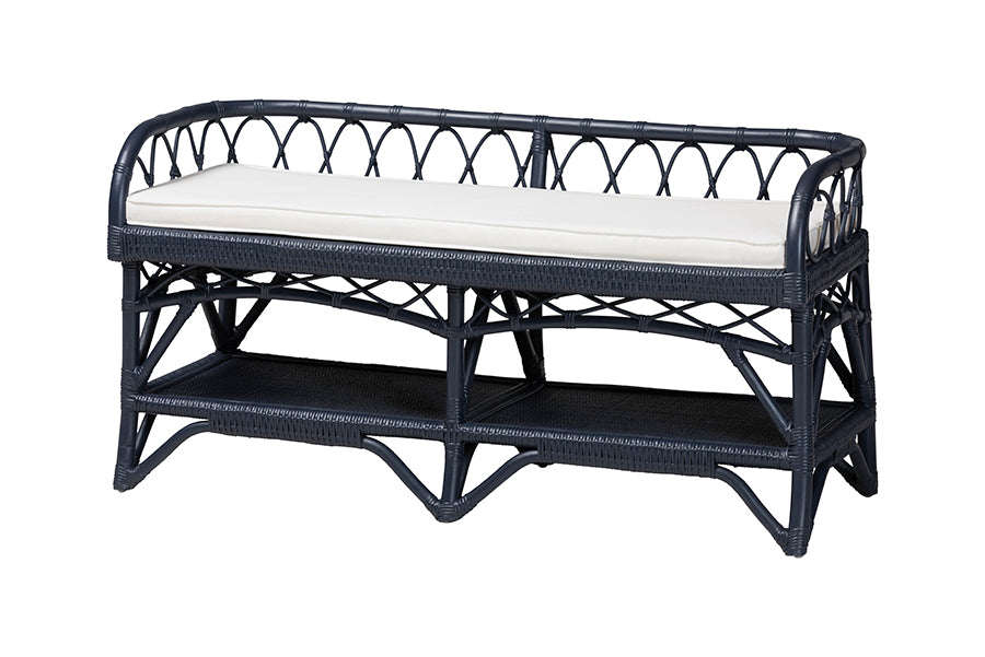 bali & pari Leryn Natural Rattan Bench with Shelf, Navy Blue