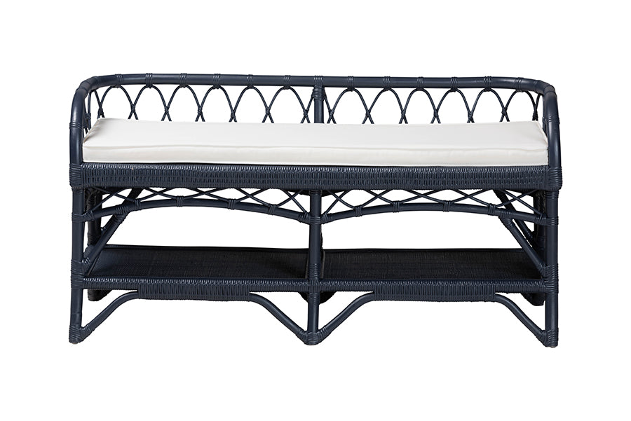 bali & pari Leryn Natural Rattan Bench with Shelf, Navy Blue
