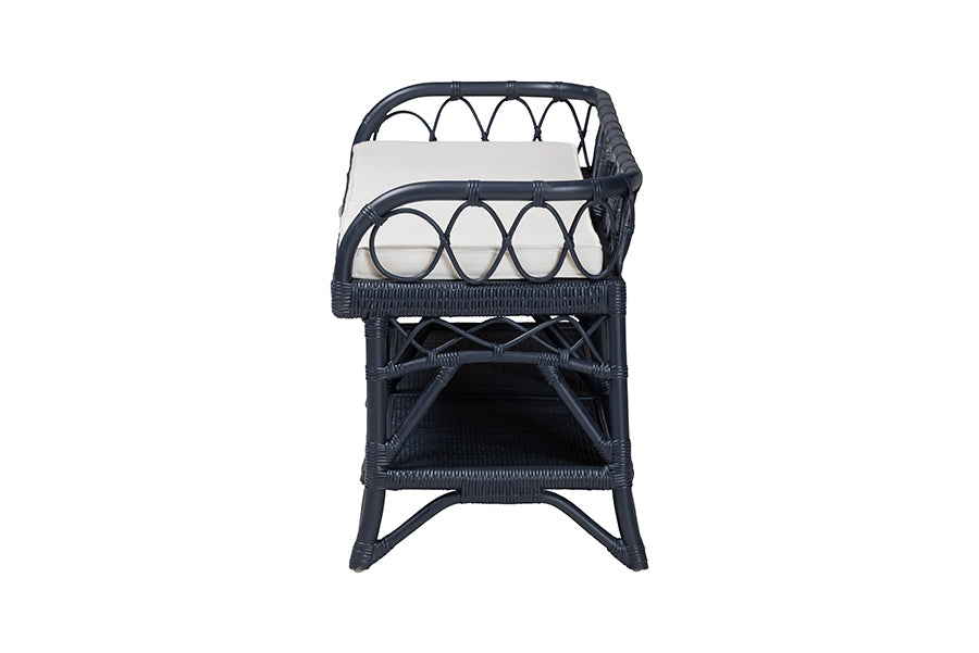 bali & pari Leryn Natural Rattan Bench with Shelf, Navy Blue