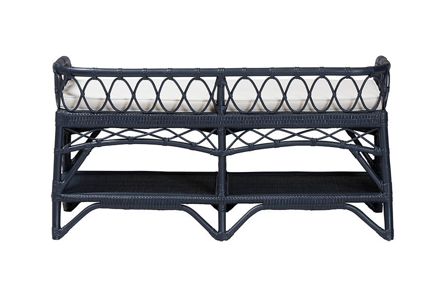 bali & pari Leryn Natural Rattan Bench with Shelf, Navy Blue