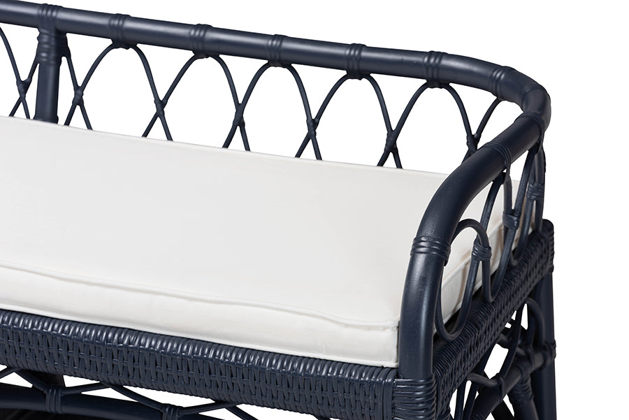 bali & pari Leryn Natural Rattan Bench with Shelf, Navy Blue
