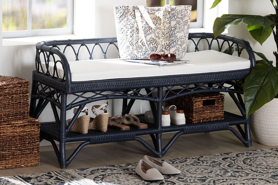 bali & pari Leryn Natural Rattan Bench with Shelf, Navy Blue