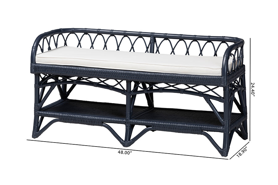 bali & pari Leryn Natural Rattan Bench with Shelf, Navy Blue