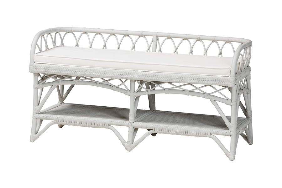 bali & pari Leryn Natural Rattan Bench with Shelf, White