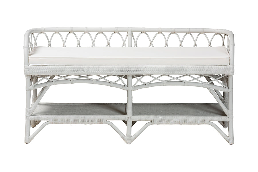 bali & pari Leryn Natural Rattan Bench with Shelf, White