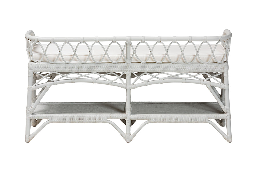 bali & pari Leryn Natural Rattan Bench with Shelf, White