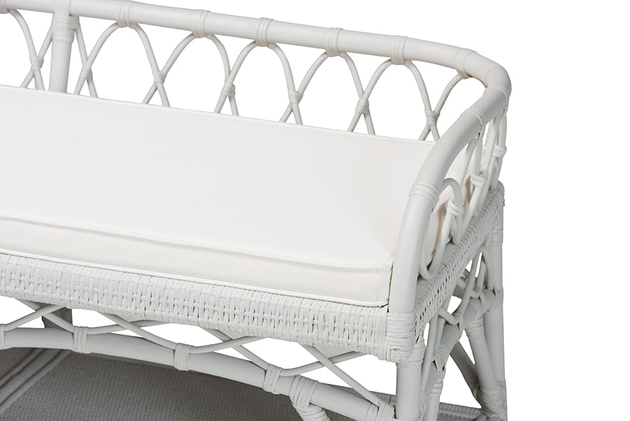 bali & pari Leryn Natural Rattan Bench with Shelf, White