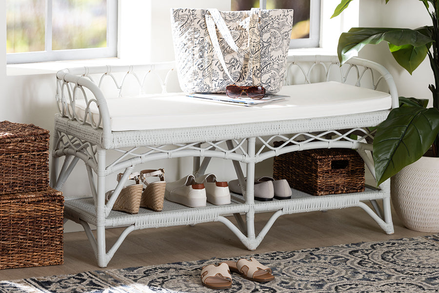 bali & pari Leryn Natural Rattan Bench with Shelf, White