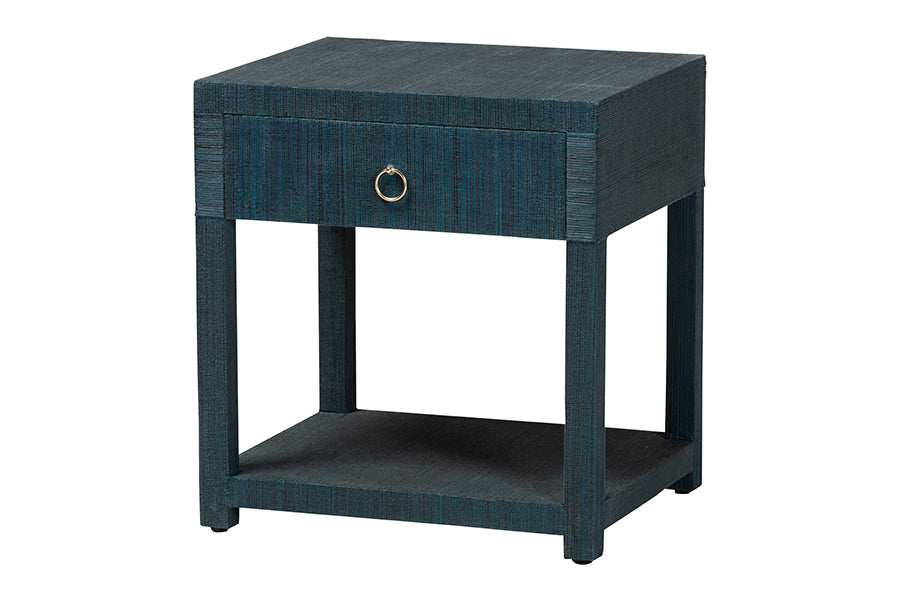 bali & pari Nata Grasscloth Nightstand with Drawer and Open Shelf, Indigo
