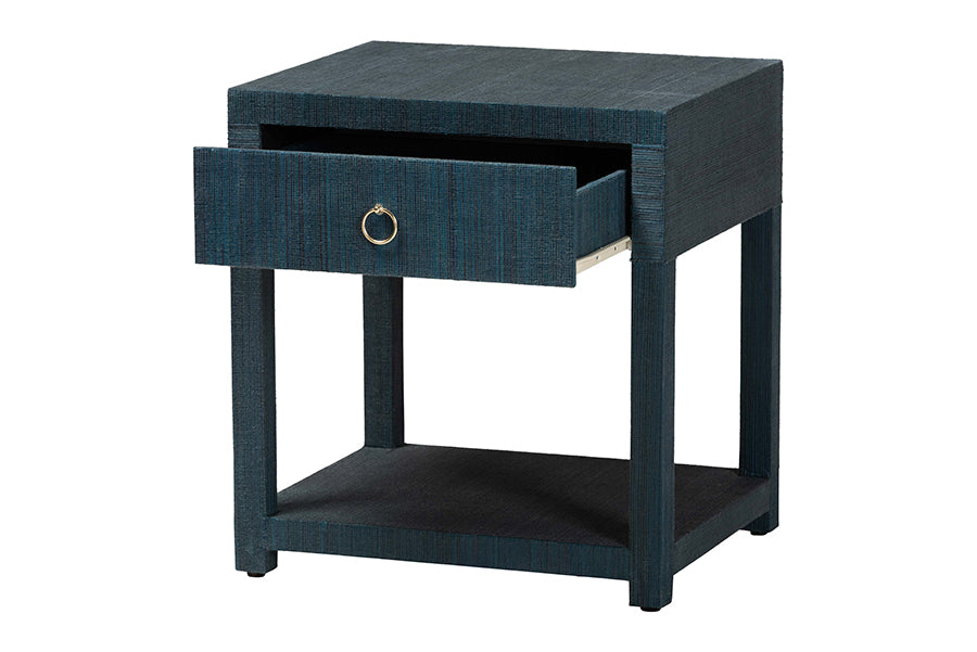 bali & pari Nata Grasscloth Nightstand with Drawer and Open Shelf, Indigo