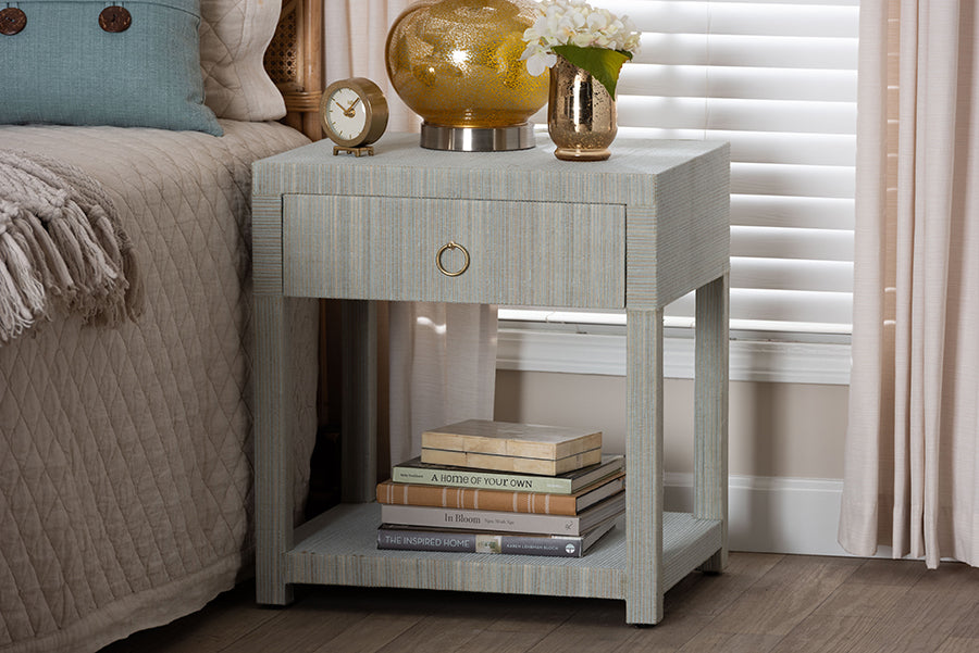 bali & pari Nata Grasscloth Nightstand with Drawer and Open Shelf, Coastal Blue