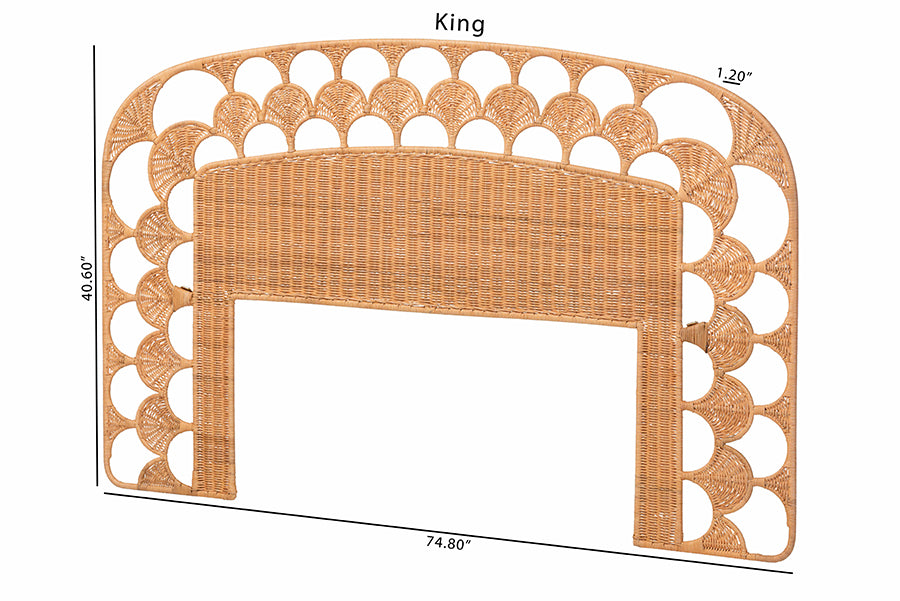 bali & pari Felician Natural Rattan Standalone Headboard - Handwoven Wicker Panel Headboard with Scalloped Fan Motif, Queen