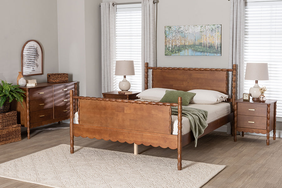 Baxton Studio Danette Bobbin Wood 4-Piece Bedroom Set with 2 Nightstands, Queen