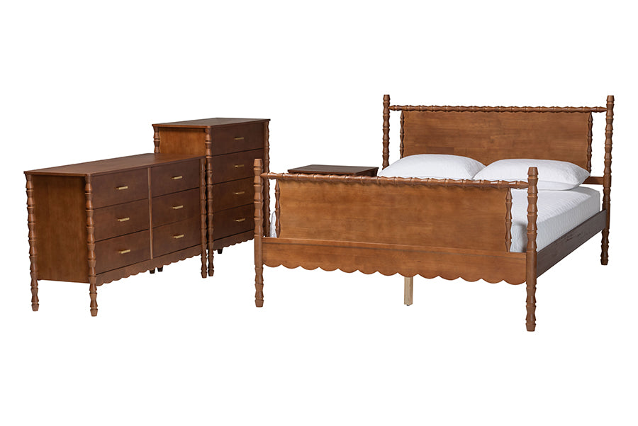 Baxton Studio Danette Bobbin Wood 4-Piece Bedroom Set with 1 Nightstands, Queen