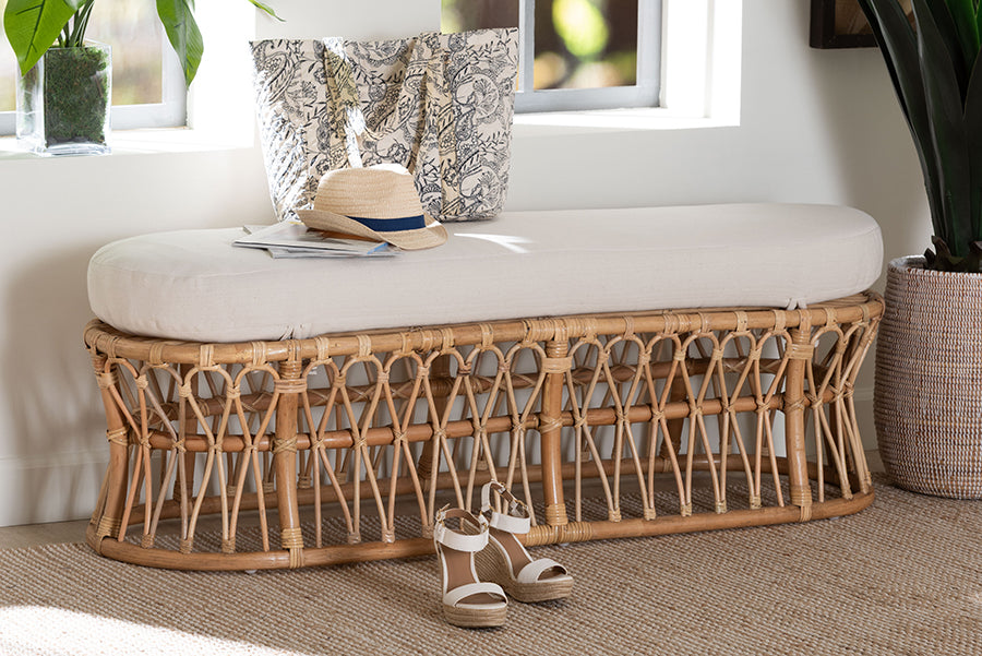 bali & pari Adelpha Natural Rattan Accent Bench with Cushioned Seat