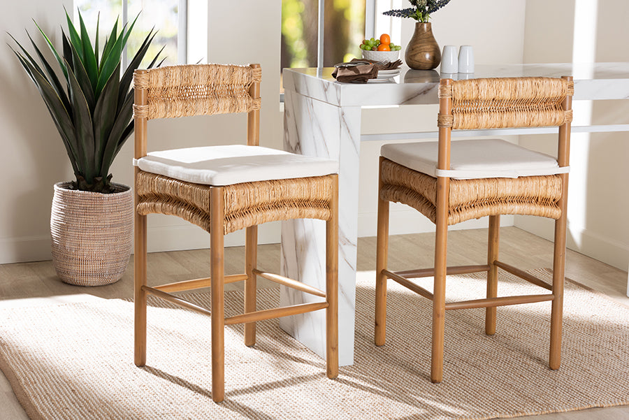 bali & pari Elvera Woven Seagrass and Mahogany Wood Counter Stool