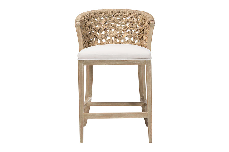 bali & pari Vellon Woven Seagrass and White Wash Mahogany Wood Counter Stool