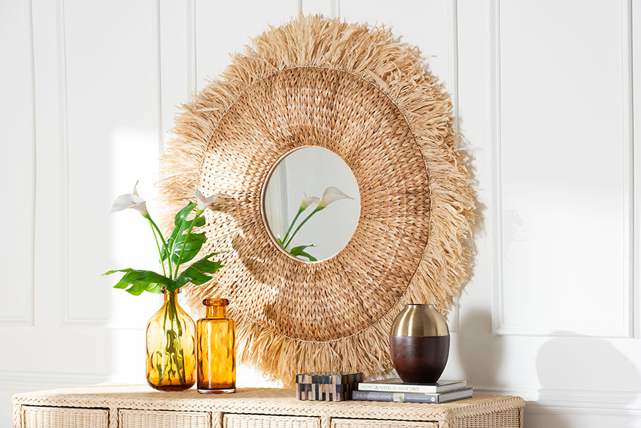 bali & pari Ashra Natural Rattan and Seagrass Wall Mirror with Fringe Edge Border