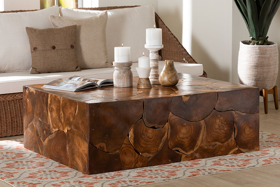 bali & pari Eldora Teak Wood Coffee Table - Handcrafted Live-Edge Accent Table, Low Profile Design for Living Room