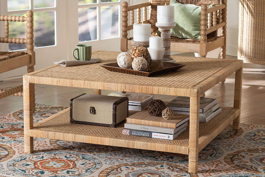 bali & pari Kalimantan Natural Rattan Coffee Table with Shelf, Square