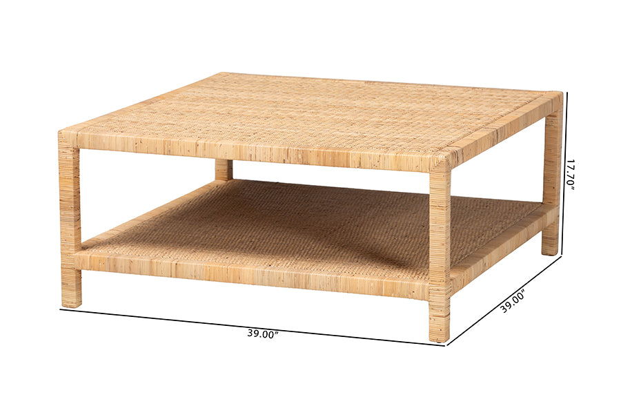 bali & pari Kalimantan Natural Rattan Coffee Table with Shelf, Square