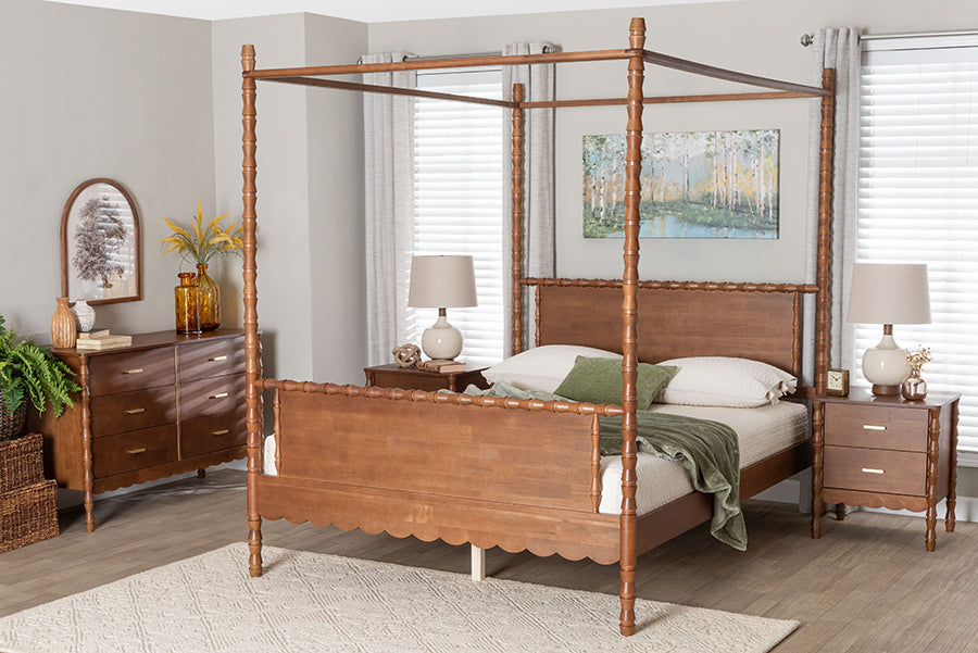 Baxton Studio Danette Bobbin Wood 4-Piece Canopy Bedroom Set, Queen