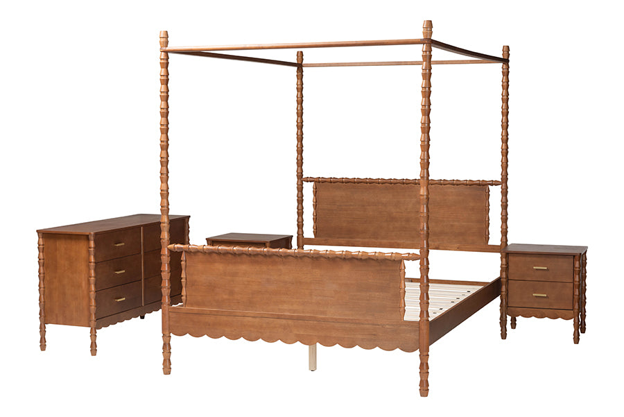 Baxton Studio Danette Bobbin Wood 4-Piece Canopy Bedroom Set, Queen