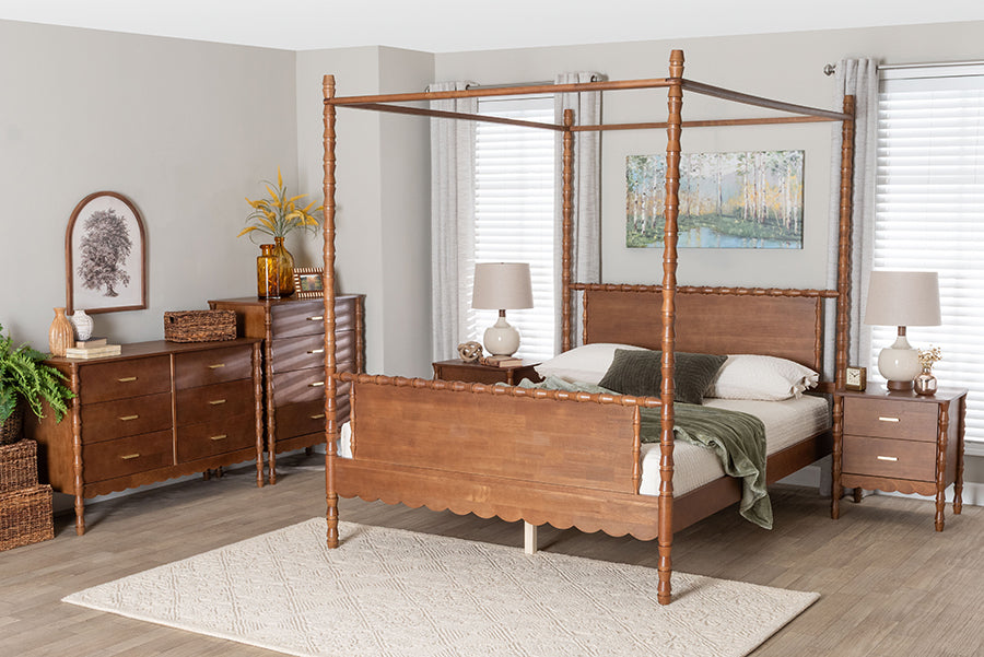 Baxton Studio Danette Bobbin Wood 5-Piece Canopy Bedroom Set, Queen