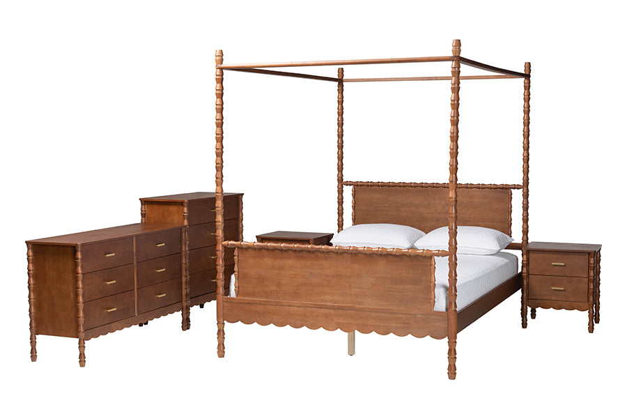 Baxton Studio Danette Bobbin Wood 5-Piece Canopy Bedroom Set, Queen
