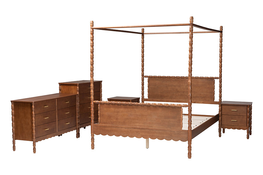 Baxton Studio Danette Bobbin Wood 5-Piece Canopy Bedroom Set, Queen