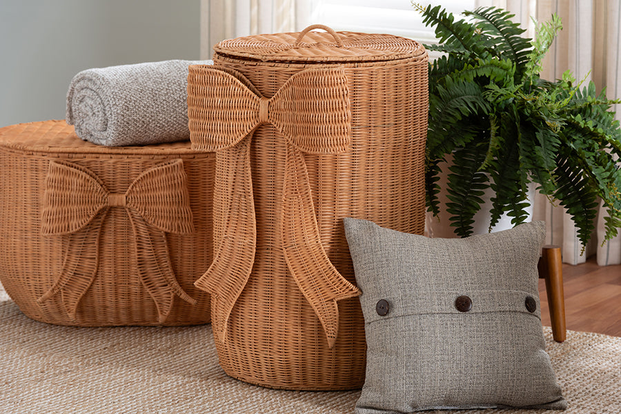 bali & pari Creusa Natural Rattan Laundry Basket with Bow Detail, Tall