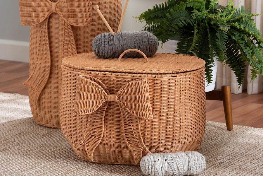 bali & pari Creusa Natural Rattan Laundry Basket with Bow Detail, Wide