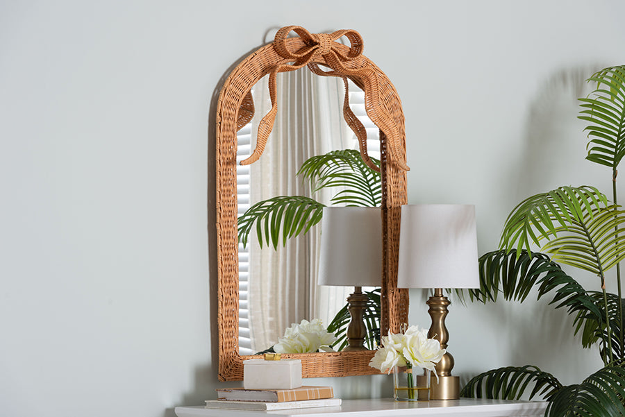 bali & pari Creusa Natural Rattan Accent Mirror with Bow Detail, Arch