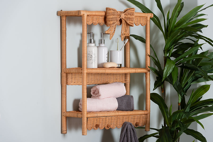 bali & pari Creusa Natural Rattan 2-Tier Wall Shelf with Bow Detail
