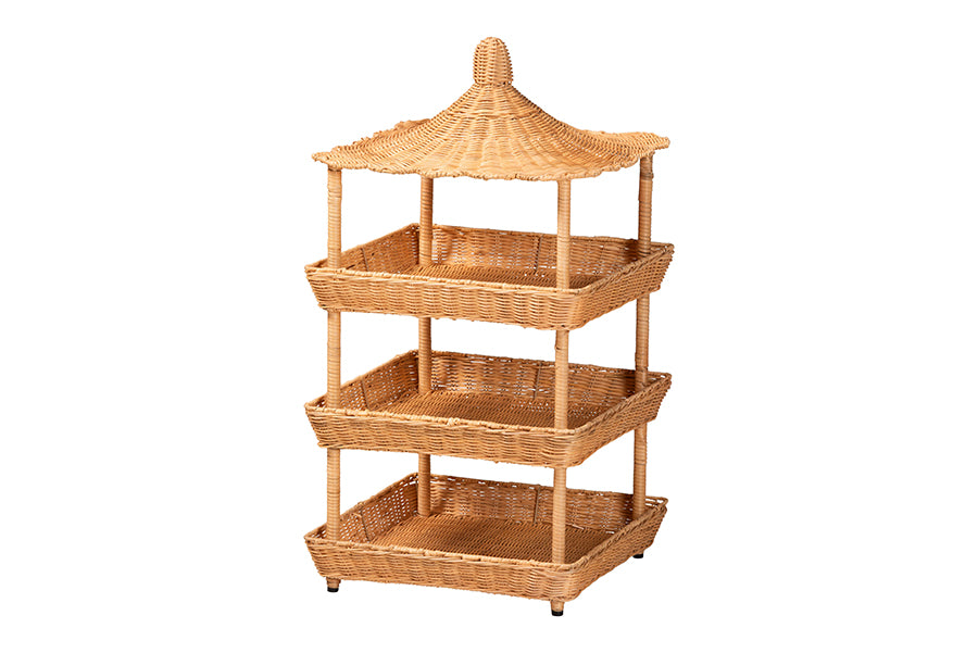 bali & pari Asante Natural Rattan 3-Tier Display Shelf with Pagoda Top