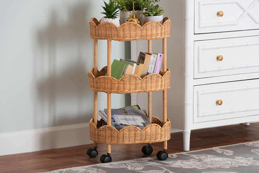 bali & pari Bulana Natural Rattan 3-Tier Rolling Storage Cart