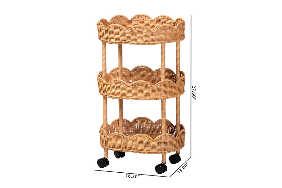 bali & pari Bulana Natural Rattan 3-Tier Rolling Storage Cart