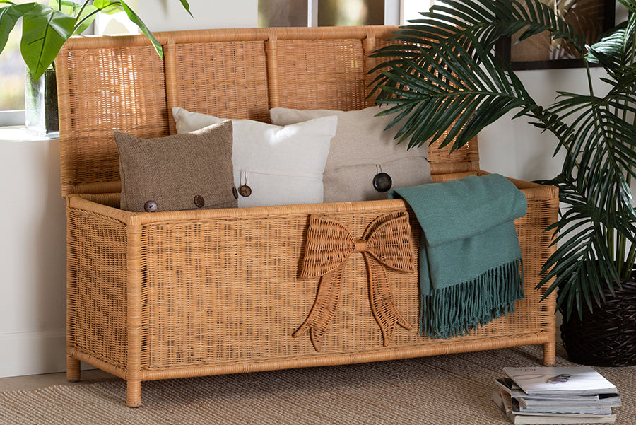 bali & pari Creusa Natural Rattan Storage Bench with Bow Detail