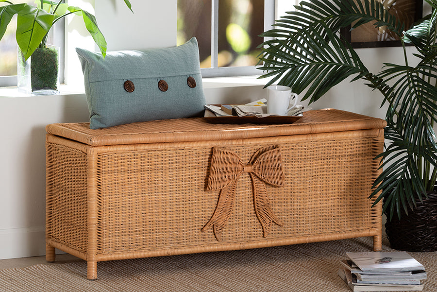 bali & pari Creusa Natural Rattan Storage Bench with Bow Detail