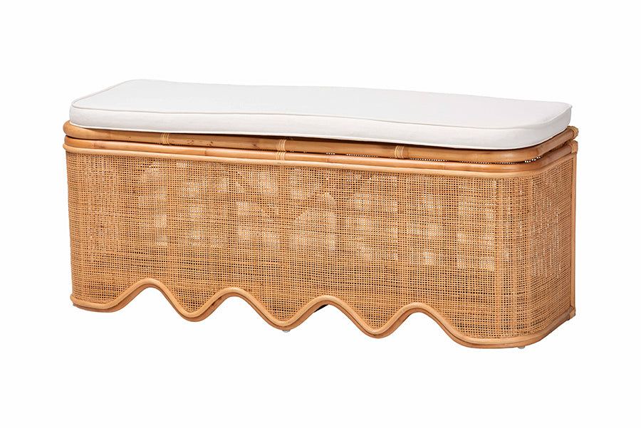 bali & pari Rivka Natural Rattan Storage Bench with Scalloped Base and Cushion
