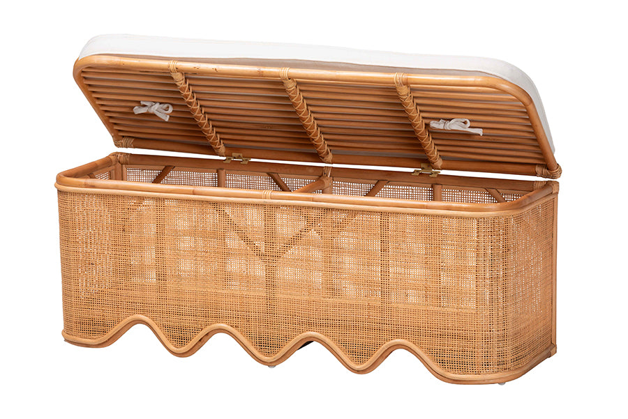 bali & pari Rivka Natural Rattan Storage Bench with Scalloped Base and Cushion