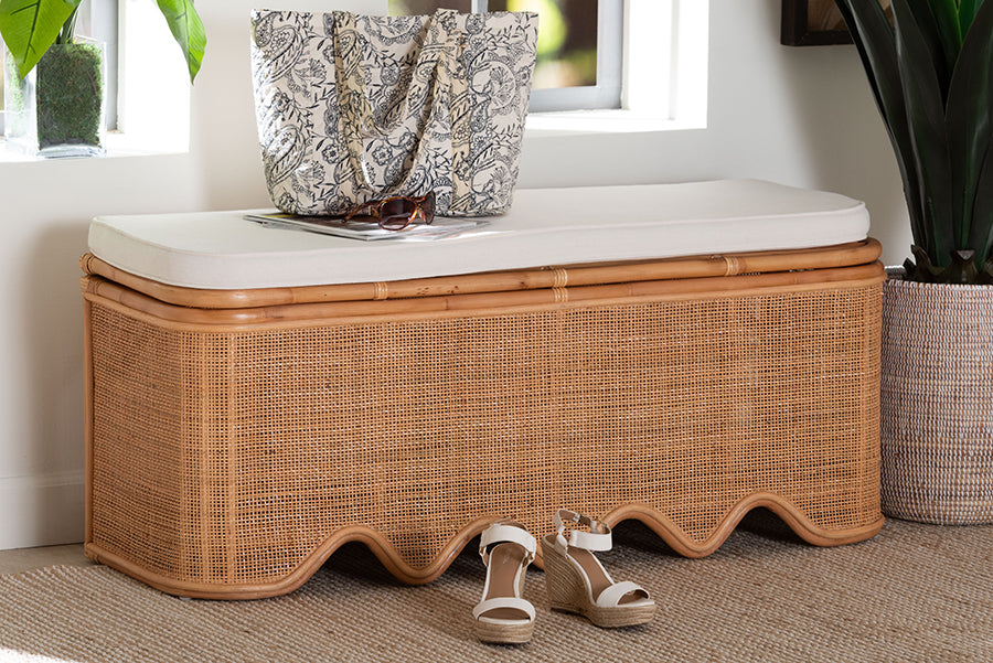 bali & pari Rivka Natural Rattan Storage Bench with Scalloped Base and Cushion
