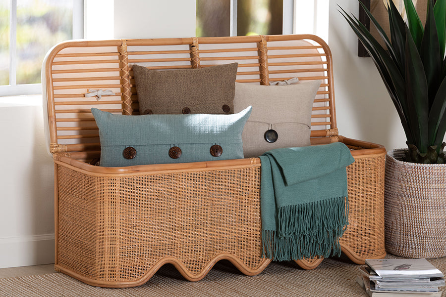 bali & pari Rivka Natural Rattan Storage Bench with Scalloped Base and Cushion