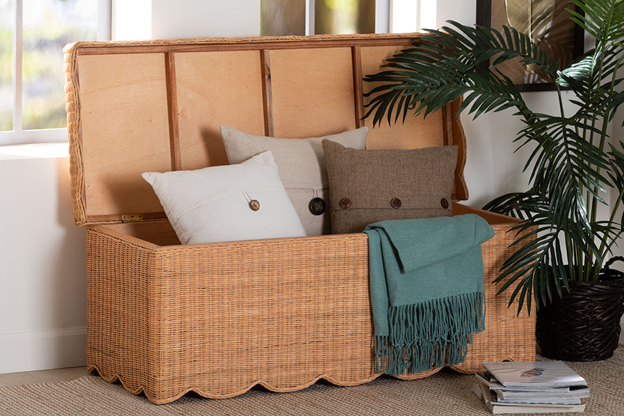 bali & pari Yoselin Natural Rattan Storage Bench with Scalloped Edge Frame