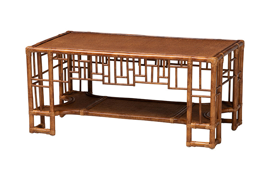bali & pari Tahlia Marbled Tortoise Rattan Coffee Table with Open Shelf