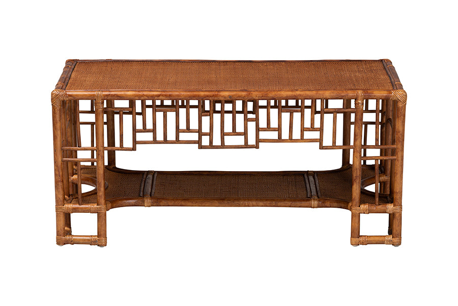 bali & pari Tahlia Marbled Tortoise Rattan Coffee Table with Open Shelf